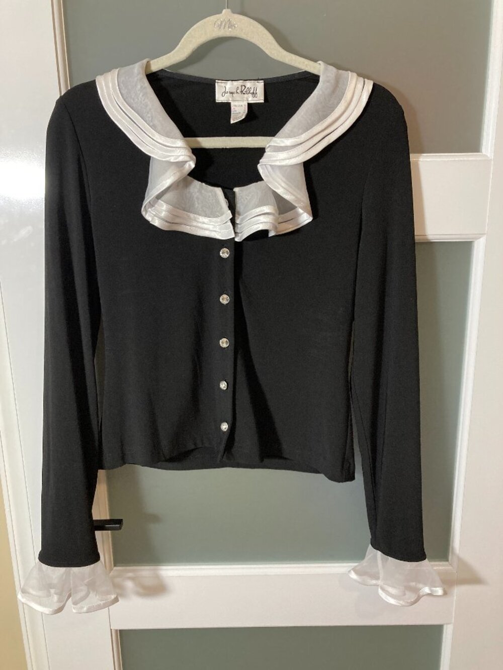 Joseph Ribkoff Vintage Black Cardigan White Organza Ruffle Collar & Cuffs - 10